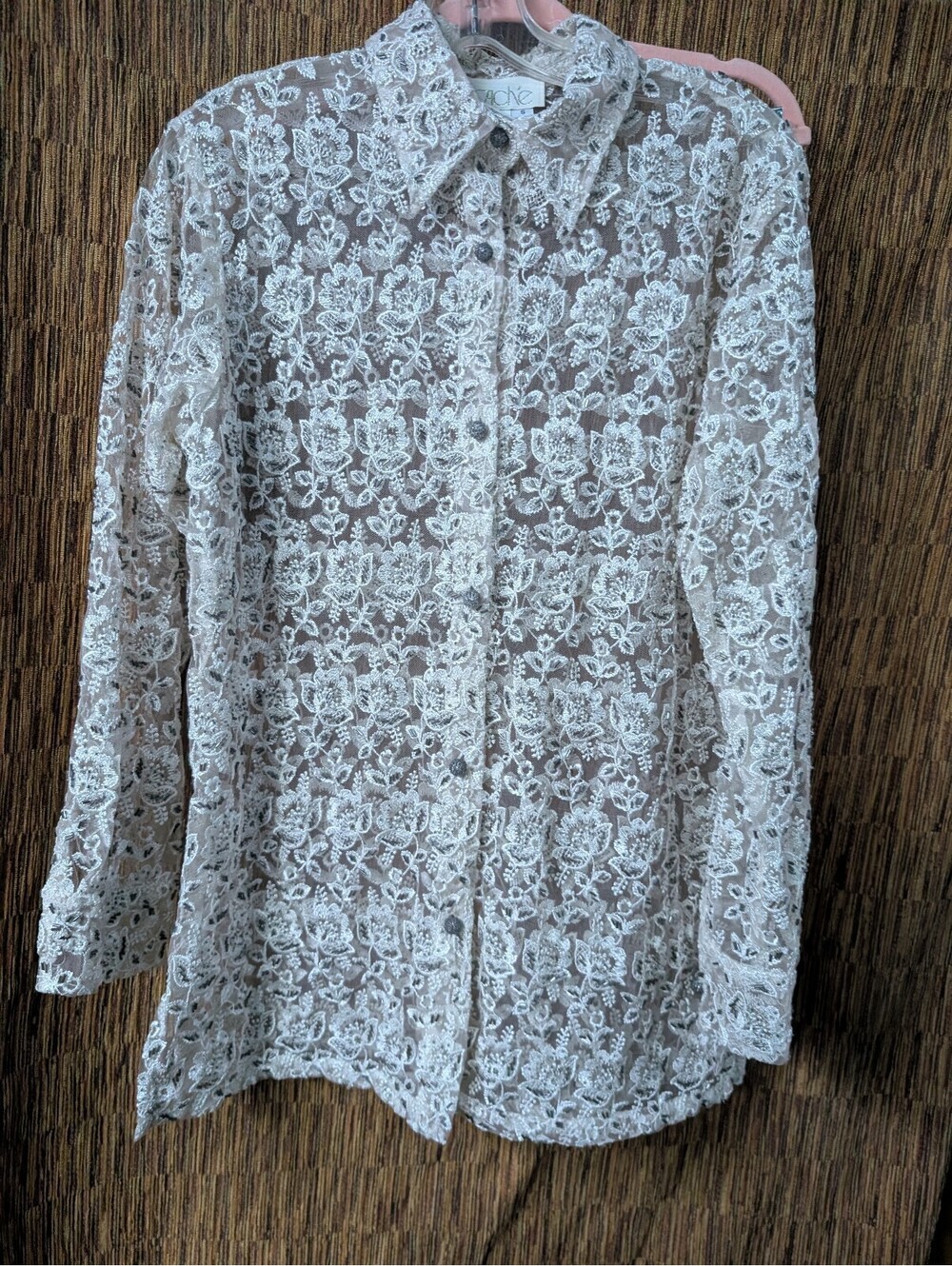 Caché White Lace Button-Up Long Sleeve Shirt - Size S